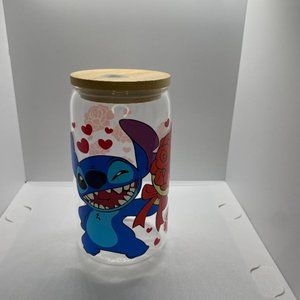 Stitch and Angel 16 oz Glass Cup with lid and Straw